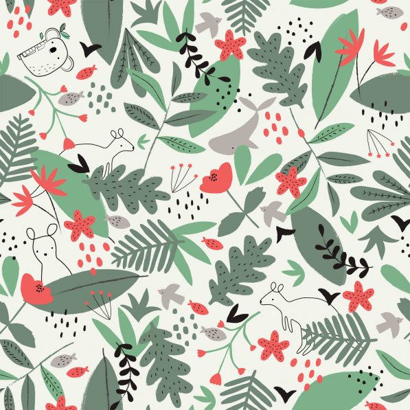 jersey fabric with leaves flowers and animals