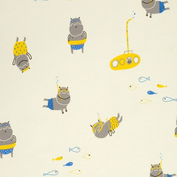hippos diving on pale yellow jersey fabric