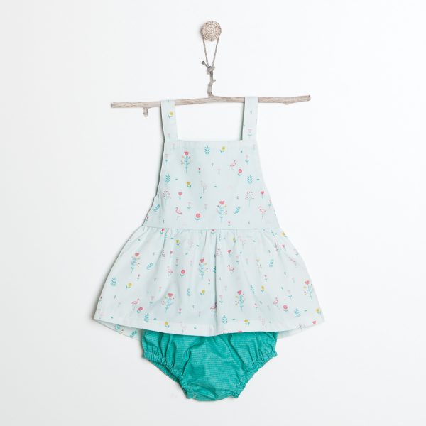 baby clothes in mint flowers and flamingo poplin