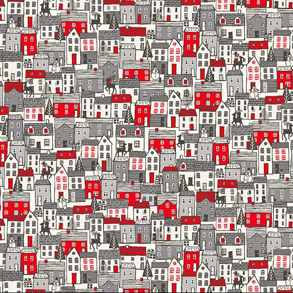 red and grey scandi houses print fabric