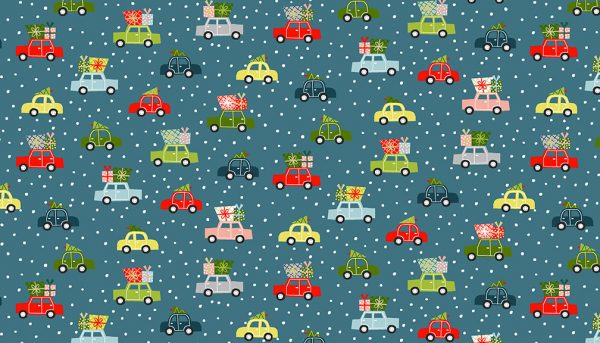 cars with trees and presents on teal background