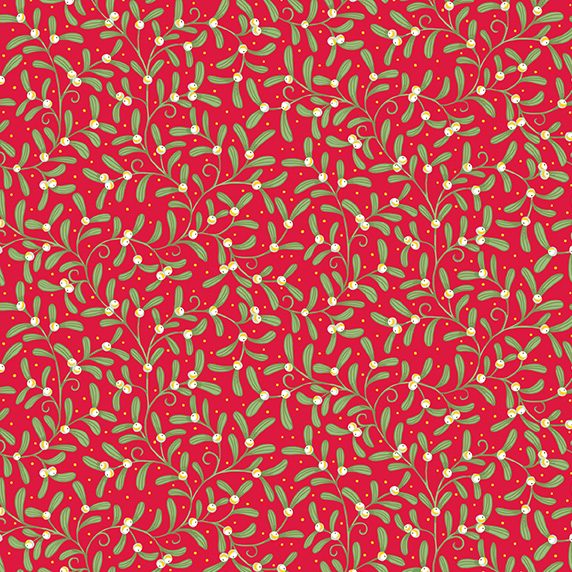 mistletoe print on red background fabric