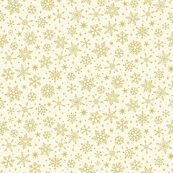 metallic gold snowflake print on cream background fabric