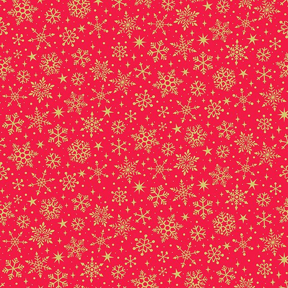 metallic gold snowflake print on red background fabric