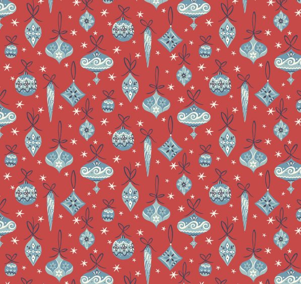 blue baubles on red background fabric