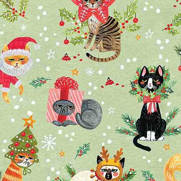 grumpy christmas cats on green background