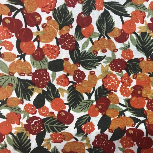 red orange and green fruit and berry print cotton lawn print